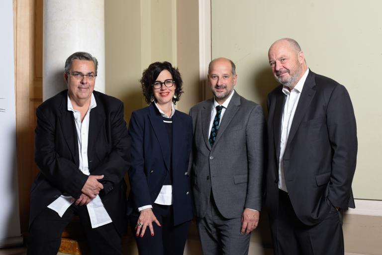 Frédéric Maire, Christelle Luisier Brodard, Grégoire Junod et Jean Studer aux 75 ans de la Cinémathèque suisse © Cinémathèque suisse / Mathilda Olmi