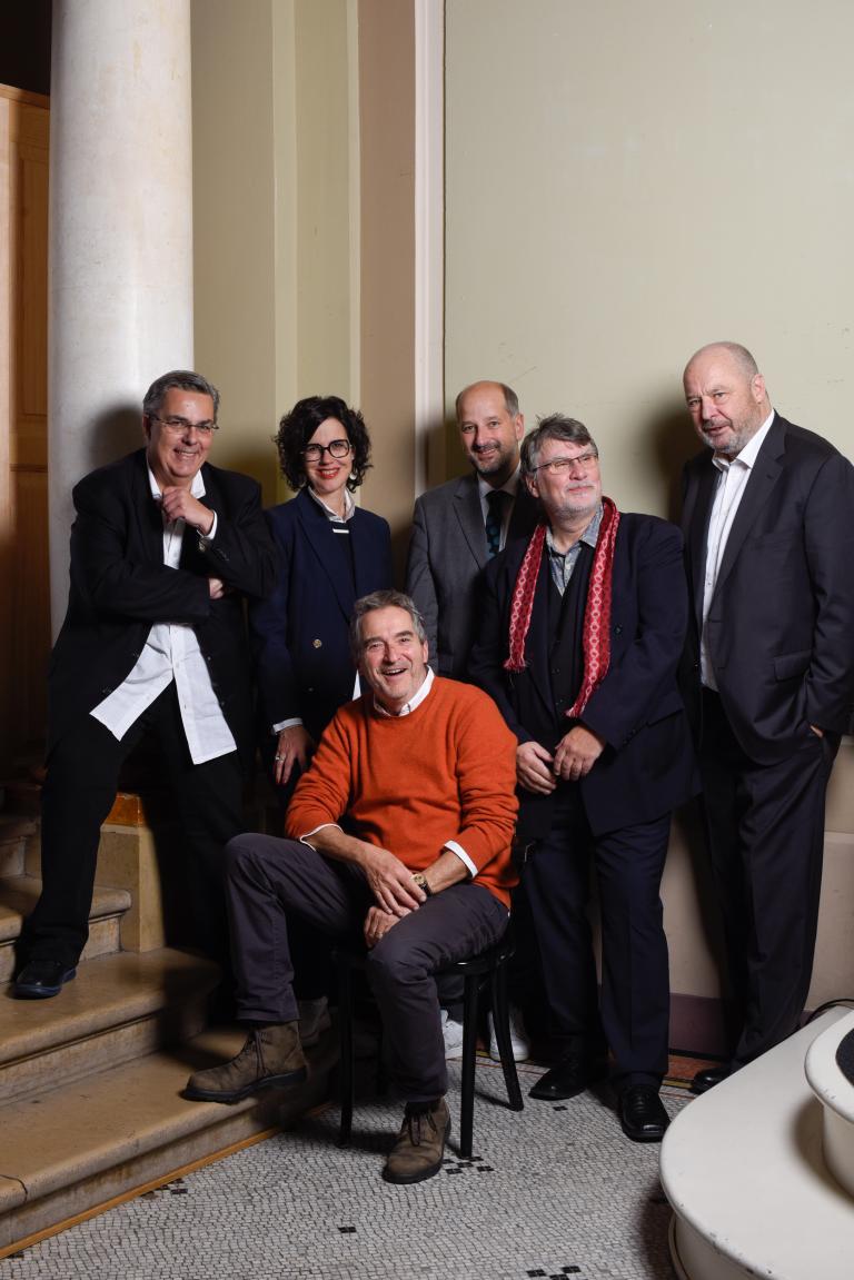 Frédéric Maire, Christelle Luisier Brocard, Vincent Mercier, Grégoire Junod, Yves Robert et Jean Studer lors de la soirée des 75 ans de la Cinémathèque suisse © Cinémathèque suisse / Mathilda Olmi