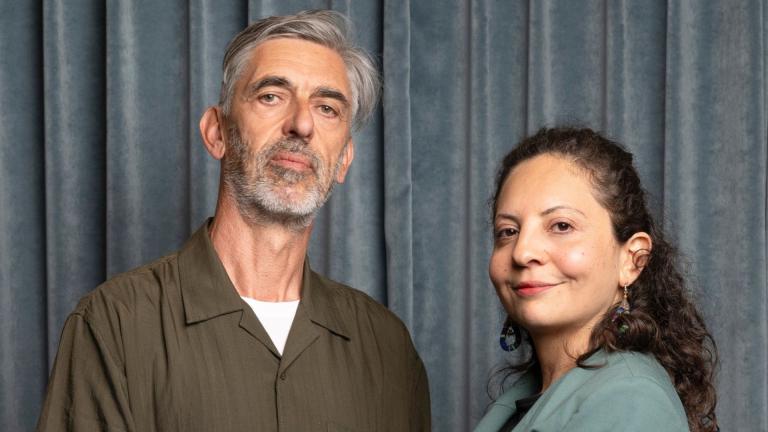 Nicolas Wadimoff et Lyana Saleh au Capitole pour l'avant-première de leur film "UNRWA - 75 ans d'une histoire provisoire" le mardi 27 mai 2025 © Cinémathèque suisse / Mathilda Olmi