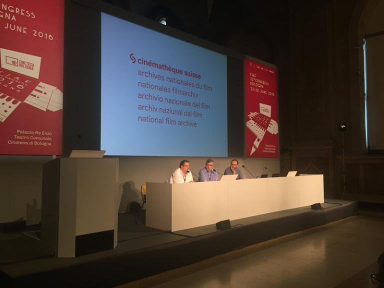 Frédéric Maire à la Cinémathèque de Bologne présentant la candidature de la Cinémathèque suisse pour l'organisation du Congrès annuel de la FIAF en 2019.