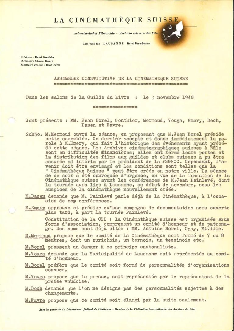 Protokoll der konstituierenden Versammlung der Cinémathèque suisse vom 3. November 1948. Ausschnitt. Original, vermutlich mit einem Zigarettenloch, Schachtel 1. Sammlung der Cinémathèque suisse. Alle Rechte vorbehalten.