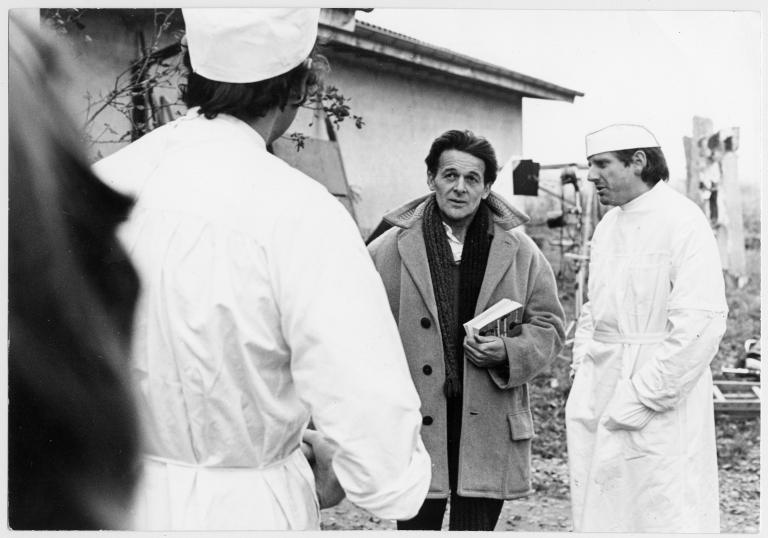 Francis Reusser und Michel Simon auf dem Set für Charles mort ou vif von Alain Tanner (1969)